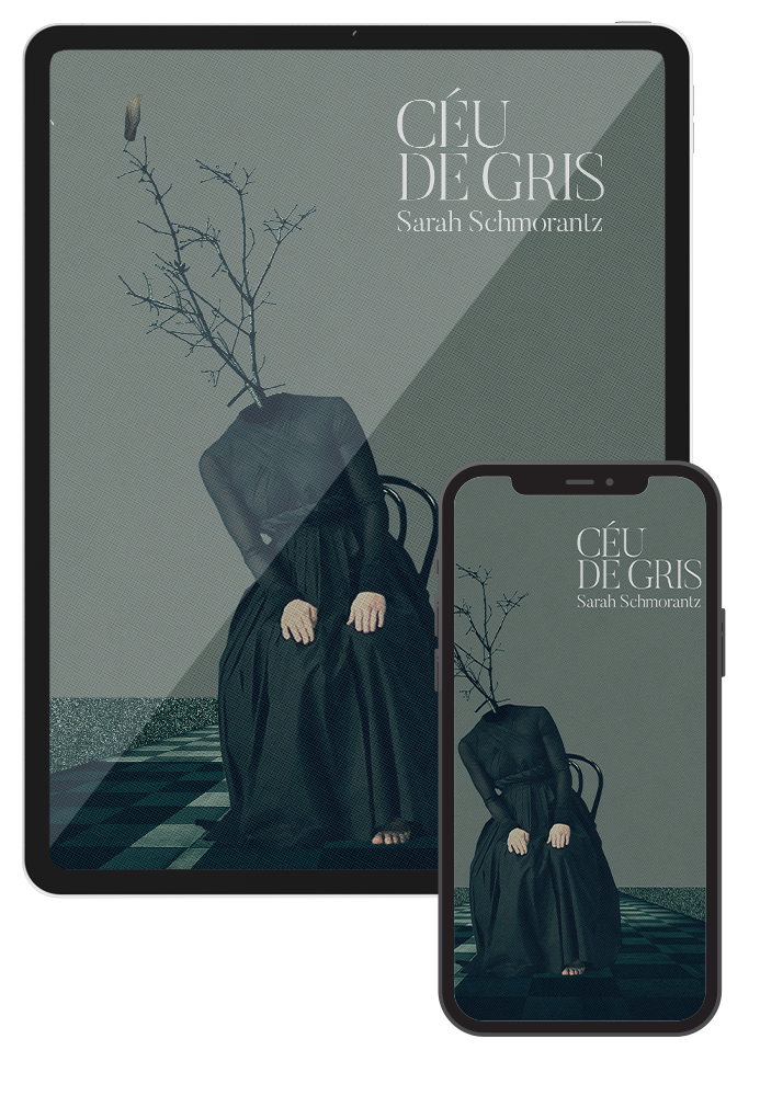 Capa do livro Céu de Gris na versão digital em um iPad e um iPhone
